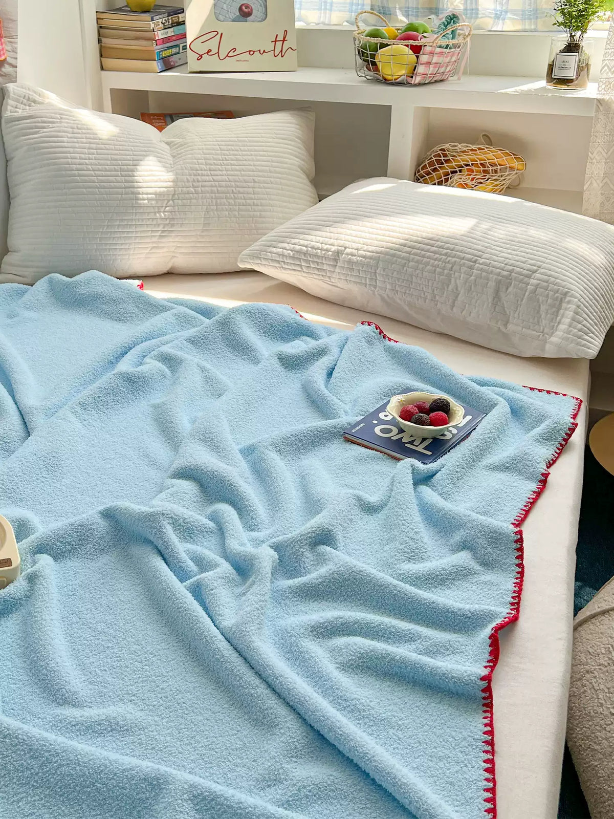 Bluehour Plush Throw Blanket, Sky Blue Cozy Couch and Bed Blanket with Contrast Trim