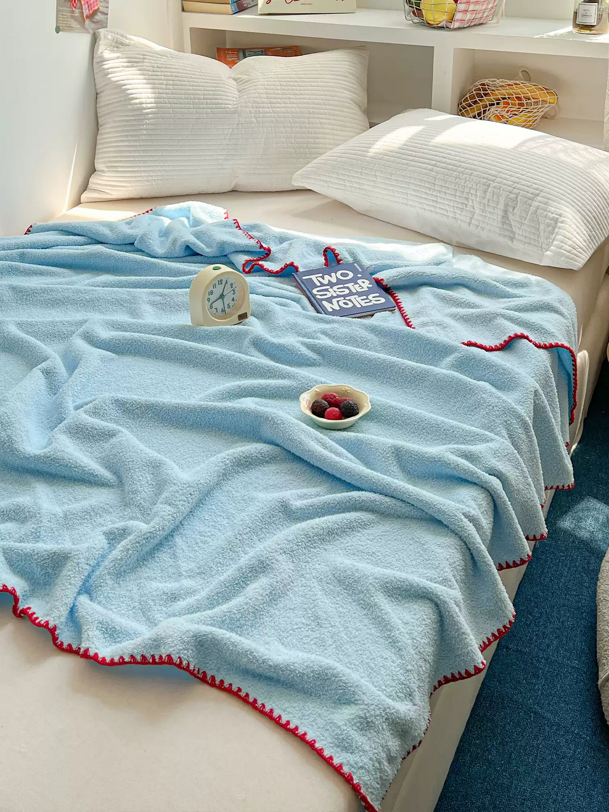 Bluehour Plush Throw Blanket, Sky Blue Cozy Couch and Bed Blanket with Contrast Trim