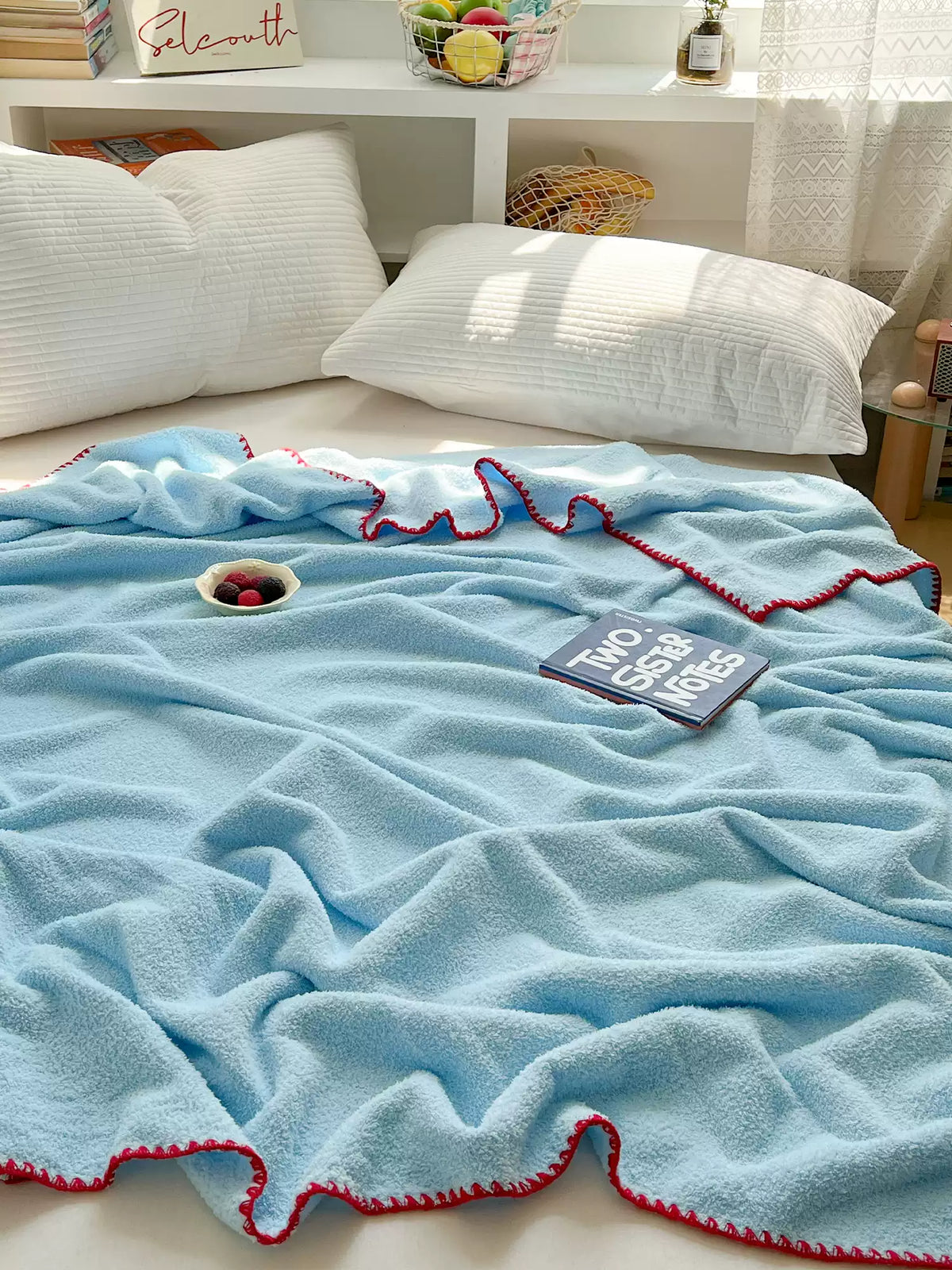 Bluehour Plush Throw Blanket, Sky Blue Cozy Couch and Bed Blanket with Contrast Trim