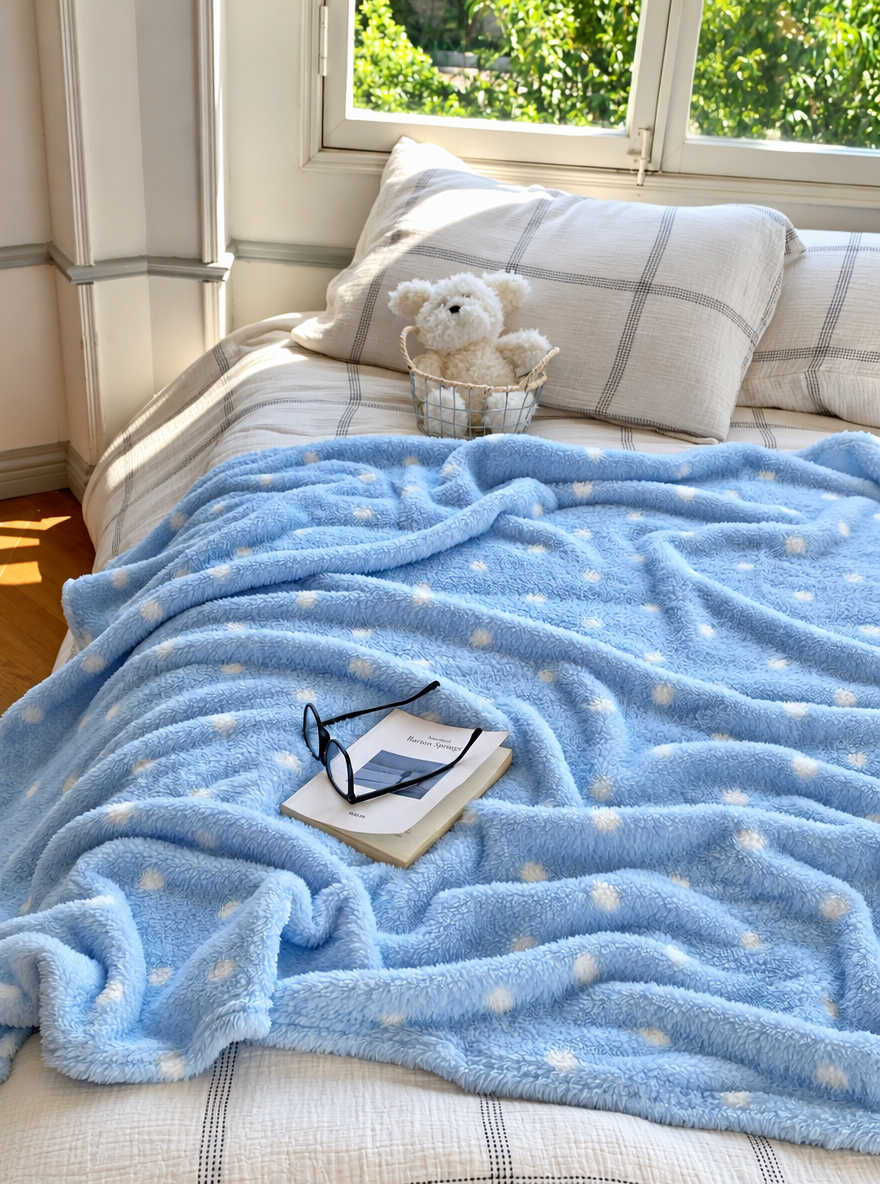 Dotday Polka Dot Fleece Throw Blanket, Blue Cozy Lounge Blanket for Couch and Bed