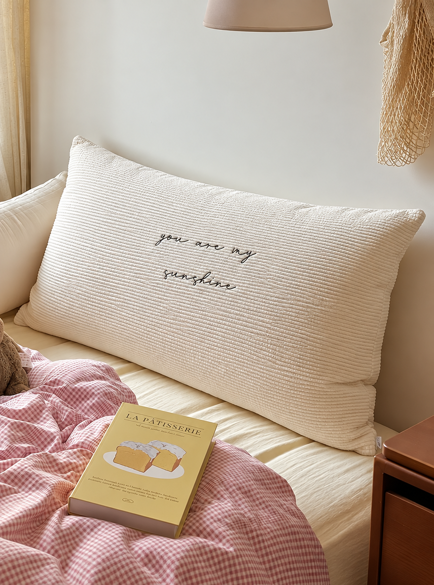 Quietnote Embroidered Lumbar Throw Pillow, Cream Rectangular Accent Cushion for Bed and Sofa