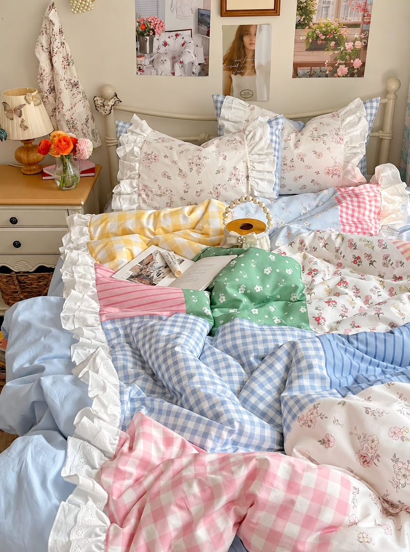 Meadowpatch 4-Piece Cotton Bedding Set, Floral Patchwork-Style Cottagecore Bedroom Collection