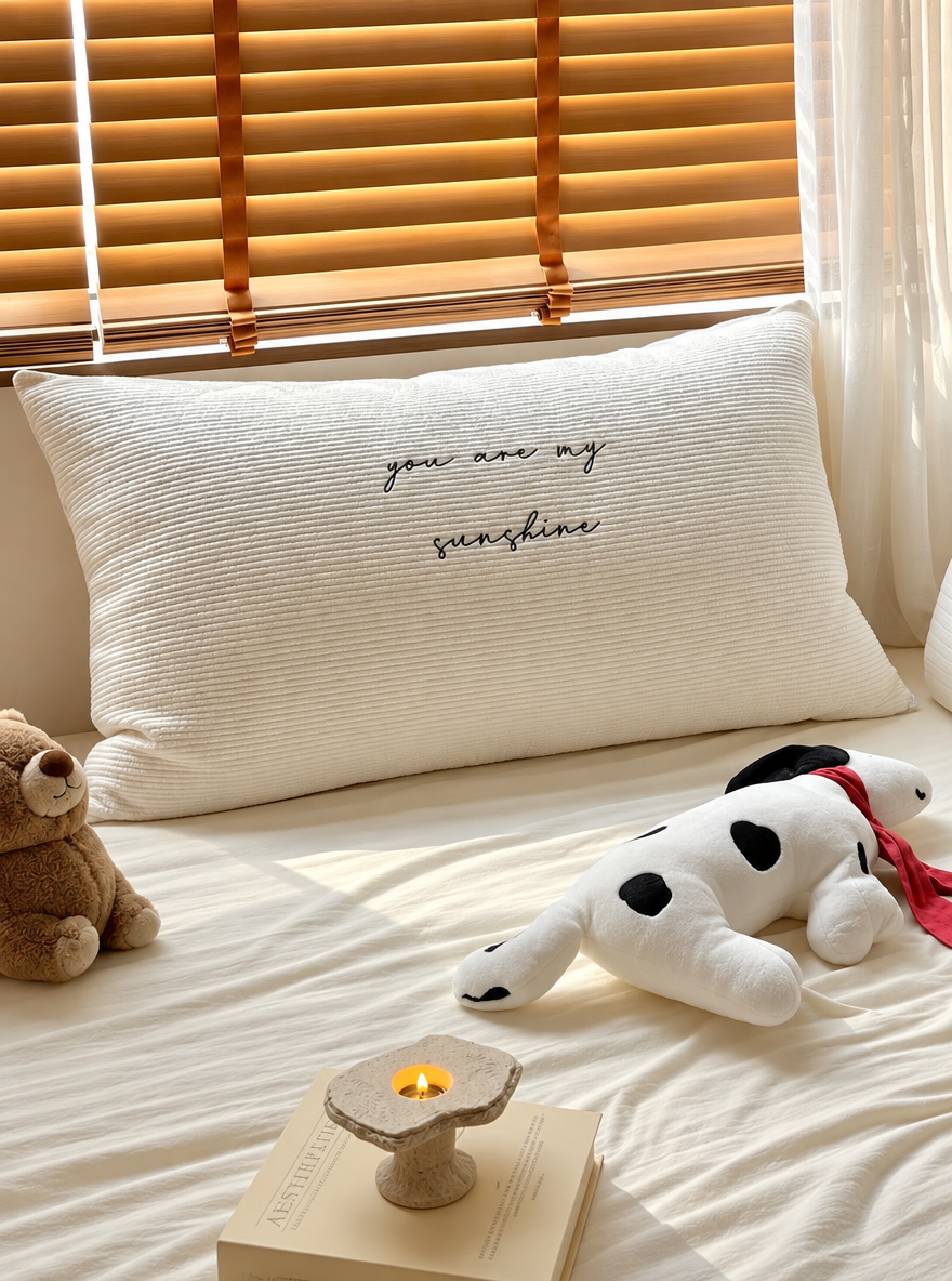 Quietnote Embroidered Lumbar Throw Pillow, Cream Rectangular Accent Cushion for Bed and Sofa