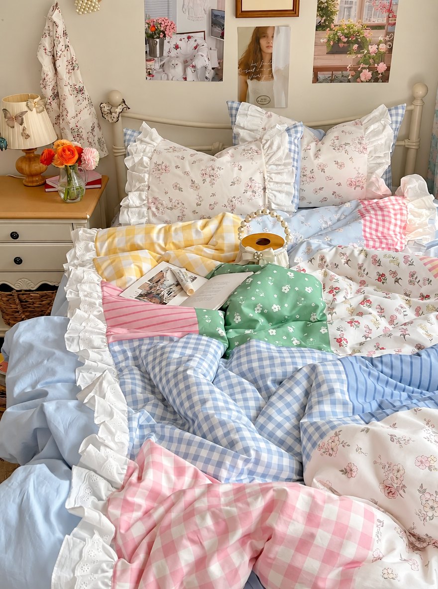 Floral and checked cotton bedding